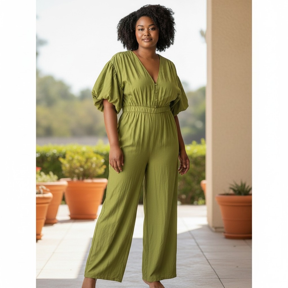 NWT PrettyLittleThing Olive Puffball Sleeve Wide Leg Jumpsuit Size 14